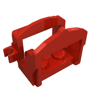 A red LEGO 4491b horse saddle with two clips on the sides and two studs on the top, shown at an angle.