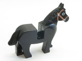 Black LEGO horse 4493c01pb02 with white-circled eyes, a brown bridle, and articulated front and back sections.