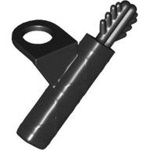 A black LEGO minifigure arrow quiver containing two arrows, with the fletching of one arrow visible, and a loop at the top for attachment.