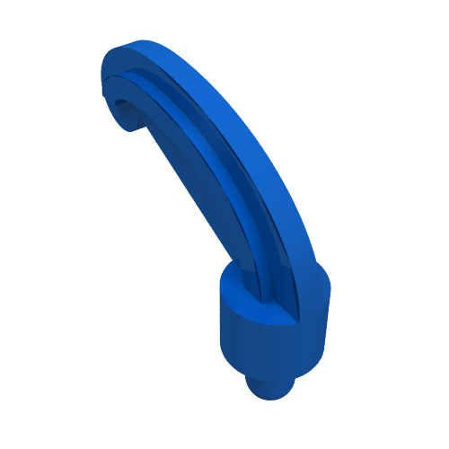 A blue LEGO Minifigure Plume Feather Small, a curved accessory typically used for helmets.