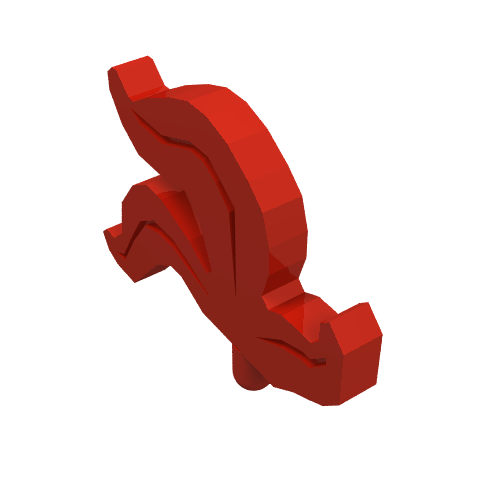 A red LEGO Minifigure, Plume Feather Triple (part 4502b) is depicted from an angled view on a white background.