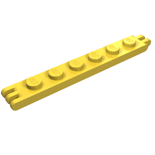 Yellow LEGO Hinge Plate 1x6 with 3 fingers on one end and 2 fingers on the other, viewed from an angle.