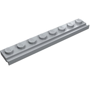 A light gray LEGO Plate, Modified 1 x 8 with Door Rail, showing 8 studs on top.