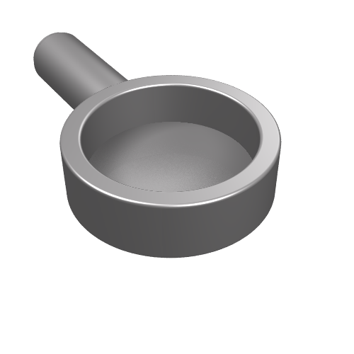 A gray LEGO Minifigure Utensil Frying Pan, part 4528, shown from a slightly elevated angle, featuring a round pan and a short handle.