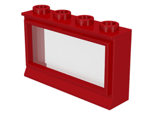 Red LEGO 1x4x2 window brick with fixed clear glass panel and four studs on top.