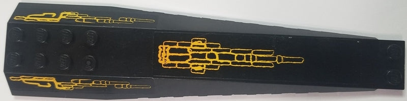 Black LEGO Wedge 16x4 Triple Curved with Reinforcements, featuring a gold Atlantis pattern print and studs.