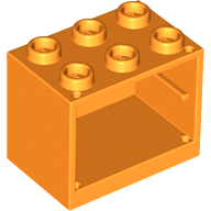 Orange LEGO 2x3x2 container brick with six hollow studs and an open front.