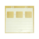White LEGO garage door 1x12x9 with three transparent windows, horizontal ridges, and dual 2-finger hinges.