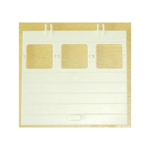 White LEGO garage door 1x12x9 with three transparent windows, horizontal ridges, and dual 2-finger hinges.