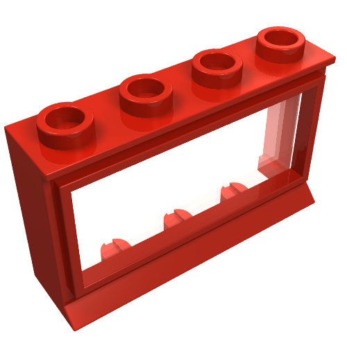 Red LEGO Window 1x4x2 brick with an extended lip and transparent glass, angled view on white background.