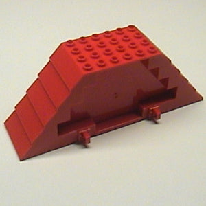 Red LEGO 45405 Roof Piece 16 x 4 x 5, a sloped brick with studs on top and visible steps on one side.