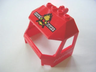 Red LEGO 4x6x4 cab windscreen with hinge, featuring 'FIRE DEPT' text and a flame pattern on top.