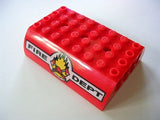 Red curved LEGO brick, part 45411pb03, with a 'FIRE DEPT' logo featuring yellow flames, crossed axes, and a helmet.