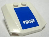 White LEGO 4x4x2/3 triple curved wedge piece with a blue sticker featuring 'POLICE' in white text.