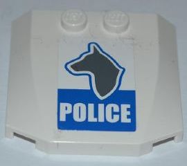 White LEGO 4x4 triple curved wedge part with black dog head outline and 'POLICE' on a blue background.