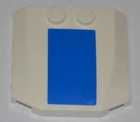 Light tan LEGO 4x4x2/3 triple curved wedge brick with a thick vertical blue stripe sticker in the center.