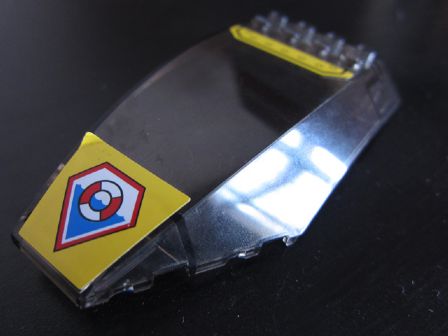 Black LEGO 10x6x2 curved windscreen with yellow Coast Guard logo and bolts pattern stickers.