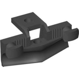 LEGO 45708 dark grey train buffer beam with two rounded buffers, a lower plow, and pinholes for connection.