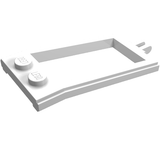 A white LEGO 4587 Horse Hitching / Harness Traces with Hinge part, with two studs and a clip connector.