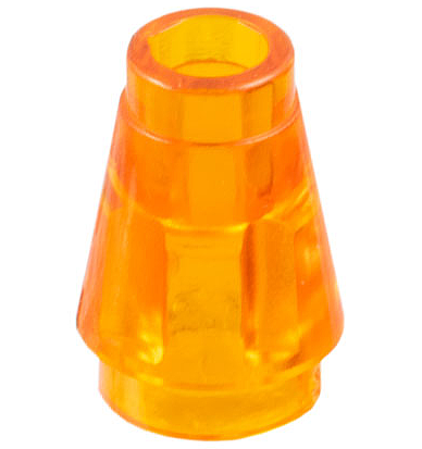 Translucent orange LEGO 4589b Cone 1 x 1 with Top Groove, shown against a white background.