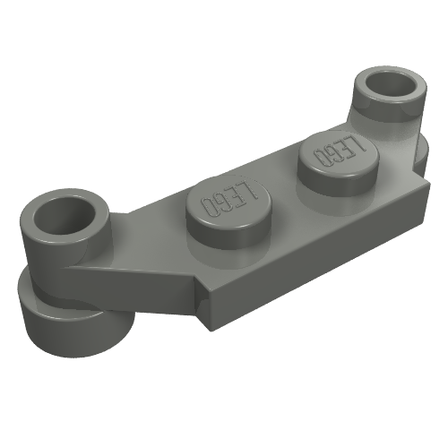 Dark gray LEGO 4590 Plate, Modified 1 x 4 Offset part, featuring two studs and hollow pin connectors at each end.