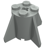 A grey LEGO 4591 Round 2x2x2 brick with four studs, a star-shaped center, and four fins.