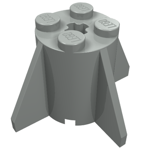A grey LEGO 4591 Round 2x2x2 brick with four studs, a star-shaped center, and four fins.