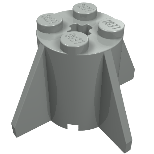 A grey LEGO 4591 Round 2x2x2 brick with four studs, a star-shaped center, and four fins.