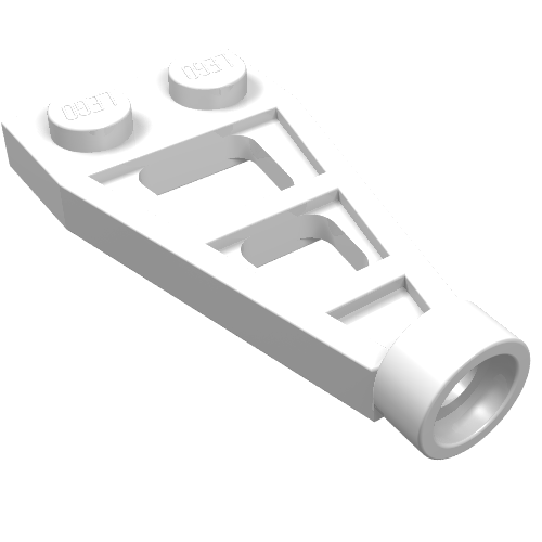 White LEGO 4596 Plate, Modified 1 x 2 with Long Stud Holder (Space Wing), angled on a white background.