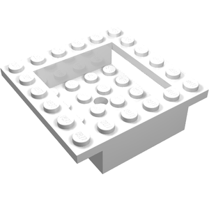 A white LEGO Cockpit 6 x 6 x 1 1/3 Cabin Base (part 4597) with a rectangular cutout and studs on the border and inside.