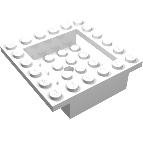 A white LEGO Cockpit 6 x 6 x 1 1/3 Cabin Base (part 4597) with a rectangular cutout and studs on the border and inside.