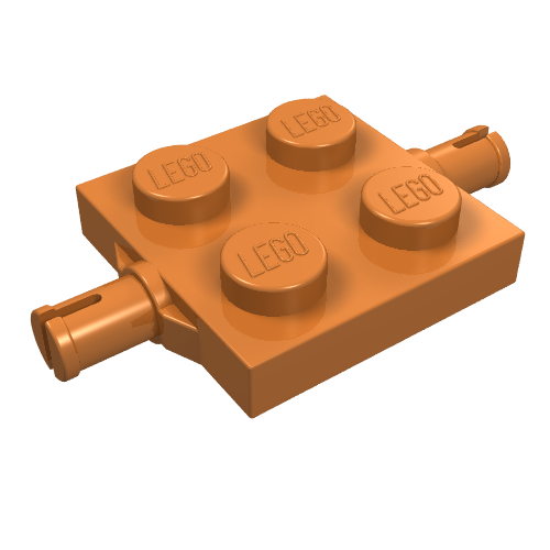 An orange LEGO 2x2 modified plate with four studs and Technic pin/axle holders on two sides, viewed from an angle.