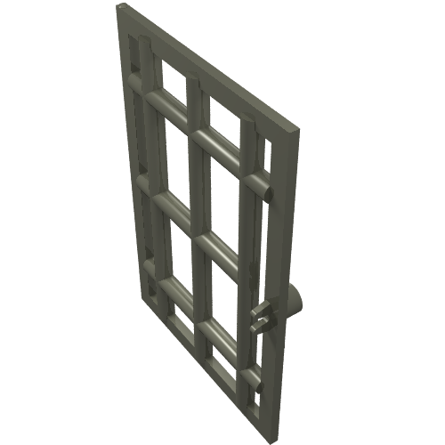 LEGO 4611 dark grey 1x6x7 barred door element, viewed from an angle. It features a grid of bars and a side clip.