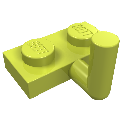 A lime green LEGO Plate, Modified 1 x 2 with Bar Arm Up, featuring two studs and a curved vertical bar.