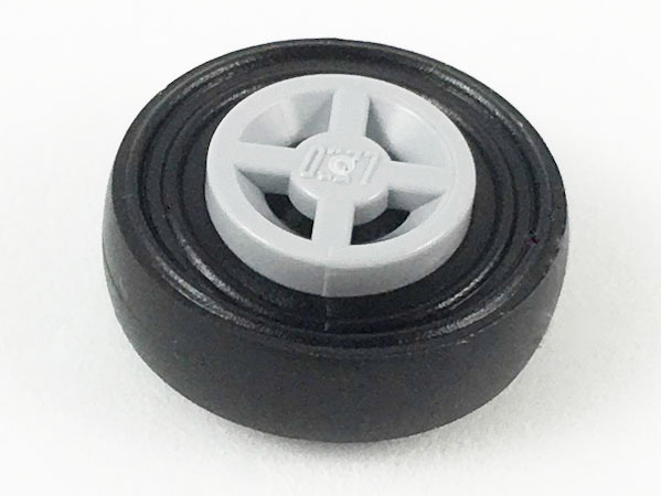 A single LEGO wheel with a light gray 8mm diameter hub and a black 14mm diameter smooth tire, set against a white background.