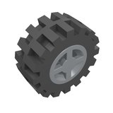 LEGO 4624c02 wheel with black 15mm D. x 6mm offset tread tire and 8mm D. x 6mm gray hub.