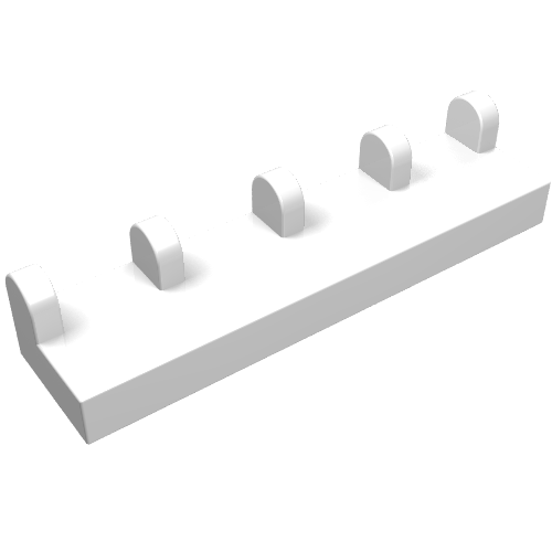 A white LEGO Hinge Tile 1 x 4 featuring five rounded studs, presented from an angled top-down perspective.