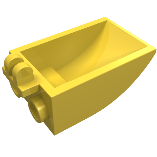 Image shows a yellow LEGO Digger Bucket 2x3, part 4626, featuring a curved bottom, hollow interior, and two finger hinge.