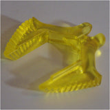 Close-up of a yellow, transparent LEGO Electric Train Light Prism 4x4 part, showing its L-shape and ridged ends.
