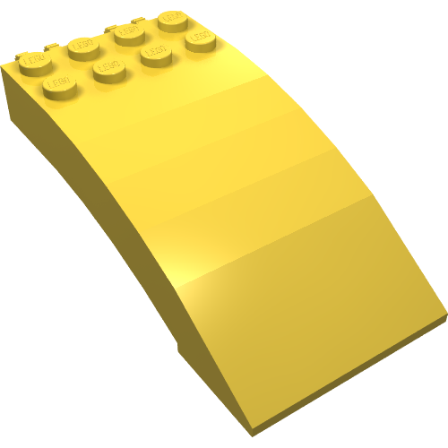 Yellow LEGO 8x4x2 curved windscreen brick with 8 studs at the top, smooth slope to front.
