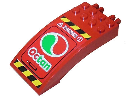 Red LEGO 8x4x2 curved windscreen with Octan logo, green and red swirl, and black and yellow danger stripes.
