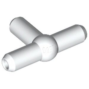 White LEGO 4697b pneumatic T piece, also known as a T bar with a central ball joint and three cylindrical arms.