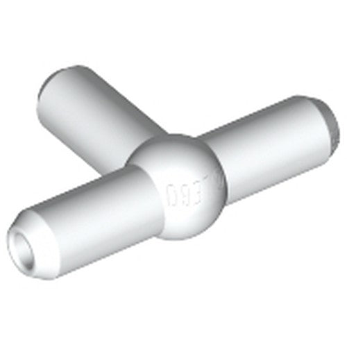 White LEGO 4697b pneumatic T piece, also known as a T bar with a central ball joint and three cylindrical arms.