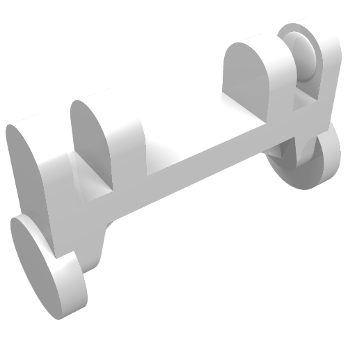 A white LEGO 4715 Minifigure Utensil Stretcher Wheels part, showing a long base with two rounded studs and wheels on both ends.