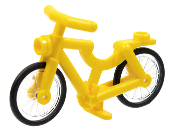 Yellow LEGO bicycle with handlebars, trans-clear wheels, and molded black rubber tires on a white background.