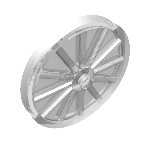 LEGO 4720 bicycle wheel without tire, clear white plastic, angled view showing spokes and central hub.