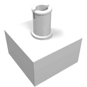White LEGO 4729 modified 2x2 brick with no studs and a cylindrical top pin with a slot.