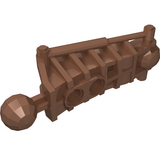 A brown LEGO Bionicle Toa Metru lower leg section, featuring multiple pin holes and ball joints.