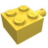 Yellow LEGO 2x2 modified brick 4730 with a pin on one side, on a white background.