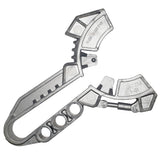 Silver LEGO Bionicle Kanoka Disk Launcher, part 47304, shown open with its two articulated halves and molded details.